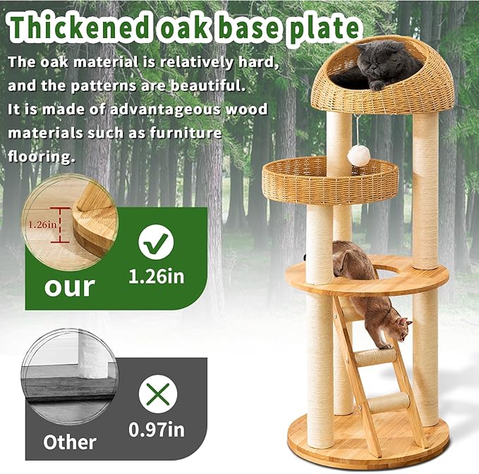 Big Modern Design Cat Tree Tower, Cat Tower Sisal-Covered Scratching Posts for Indoor Cats, Natural Oak Wood Cat Tree for Large Cats, Multi-Level Cat Condo with Sisal Staircase