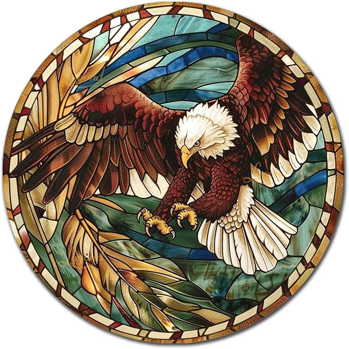 Lygond Metal Sign Tin Sign Circular Stained Glass Eagle Signs For Garden For Pet 8×8 Inches