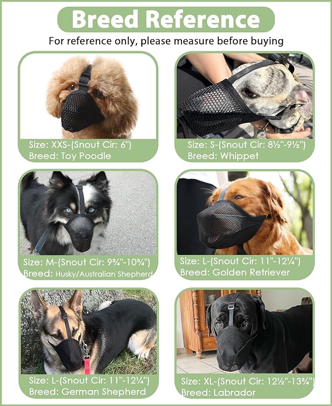 Mayerzon Dog Muzzle, Patented Soft Mesh Muzzle for Small Medium Large Dogs for Scavenging Biting Licking and Chewing, Allows to Pant and Drink (XXS, Black)