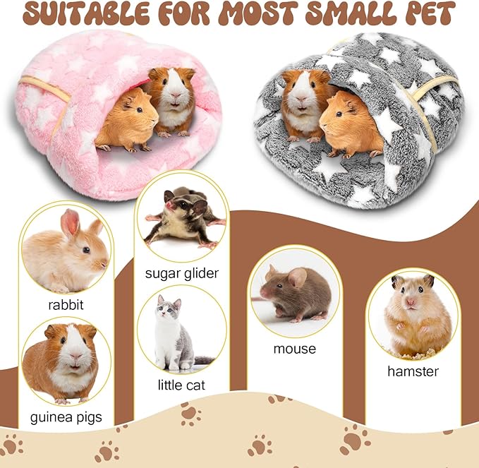 Wenqik 2 Pcs Guinea Pig Bed Cuddle Warm Hideout Small Animal Sack Cozy House Bedding Sleeping Cushion Portable Pet Carrier Cage Nest for Rabbit Hamster Rat (Gray, Light Pink,Pentagram)