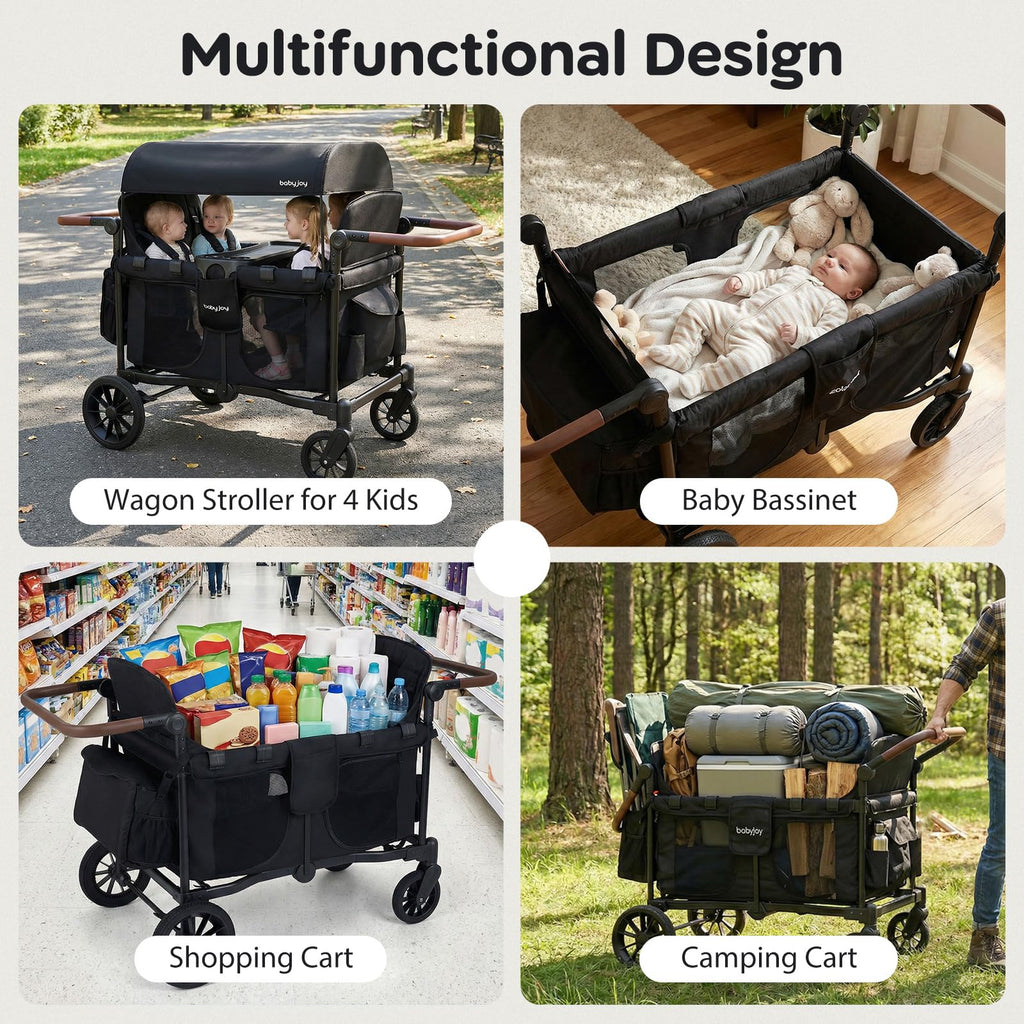 BABY JOY Wagon Stroller for 4 Kids, Foldable Stroller Wagon with Removable Canopy, Adjustable Handle, Snack Tray, Parent Organizer, 5-Point Safety Harness, Convertible Diaper Bag/Changing Pad (Black)