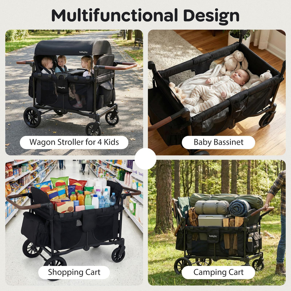 BABY JOY Wagon Stroller for 4 Kids, Foldable Stroller Wagon with Removable Canopy, Adjustable Handle, Snack Tray, Parent Organizer, 5-Point Safety Harness, Convertible Diaper Bag/Changing Pad (Black)