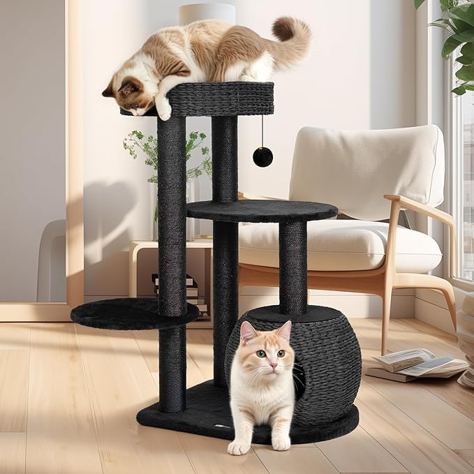 KAMABOKO Modern Cat Tree, 39" Tall Cat Tree Black for Kittens Climb Play & Rest, Cat Trees for Indoor Cats w/Natural Sisal Scratching Posts, Hand-Woven Condo & Top Perch