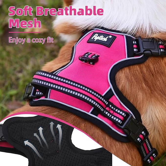PUPTECK No Pull Dog Harness for Large, Adjustable Reflective Dog Harness with Handle Easy Control, Comfortable Soft Padded Pet Vest Harness for Extra Large Dogs, Fuschia XL
