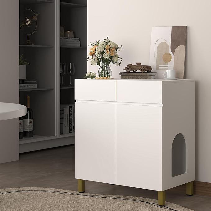 Large/Tall Litter Box Enclosure, Modern Wooden Litter Box Furniture for XL Litterbox with Drawer as Sideboard Cabinet (White)