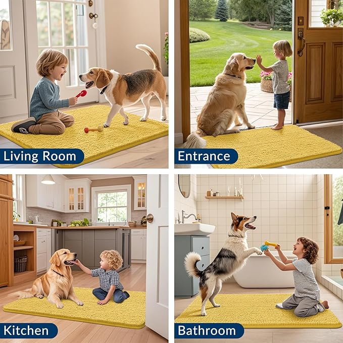 Smiry Dog Door Mat for Muddy Paws 30x20, Absorbs Moisture and Dirt Doormat, Non-Slip Washable Quick Dry Chenille Front Door Mat Indoor Entrance, Entryway Carpet for Inside Floor, Yellow