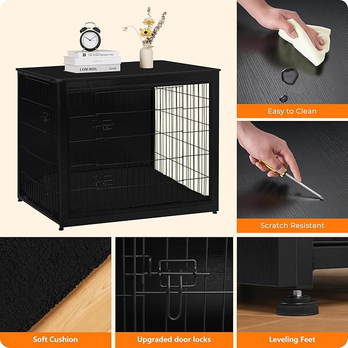 DWANTON Dog Crate Furniture with Cushion, Wooden Kennel Table with Double Doors, Indoor Dog House, Extra Large Size, 43.3" L, Black