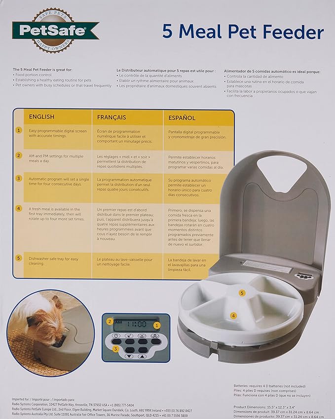 PetSafe Automatic Dog Feeder, 5 Meals, 40 oz Capacity, Plastic, for Dry Food, Multiple Pets (Pack of 2)