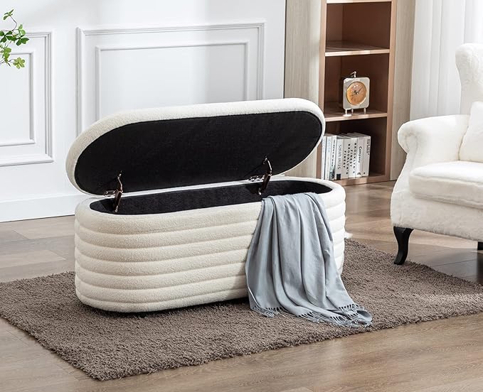 Kmax 45" Storage Bench Faux Fur Entryway Bench Upholstered Ottoman Bench for Bedroom Living Room Hallway, White