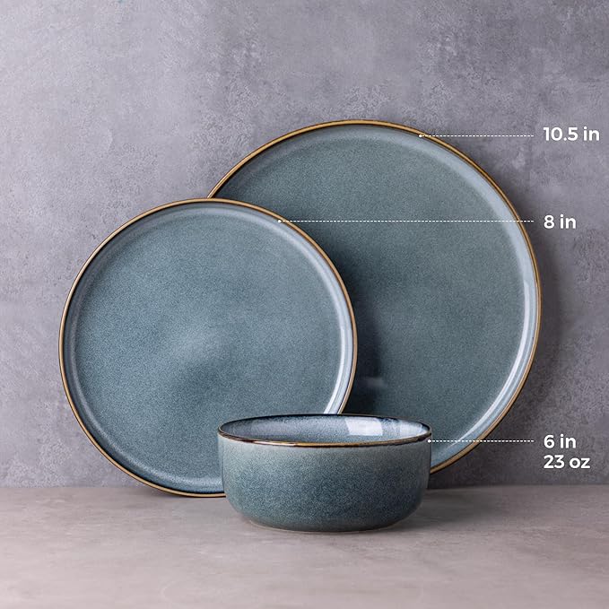 GBHOME Ceramic Dinnerware Sets for 4, 12 Pieces Stoneware Plates and Bowls Sets, Reactive Glaze Dishes -Scratch Resistant, Dishwasher&Microwave Safe, Space Blue
