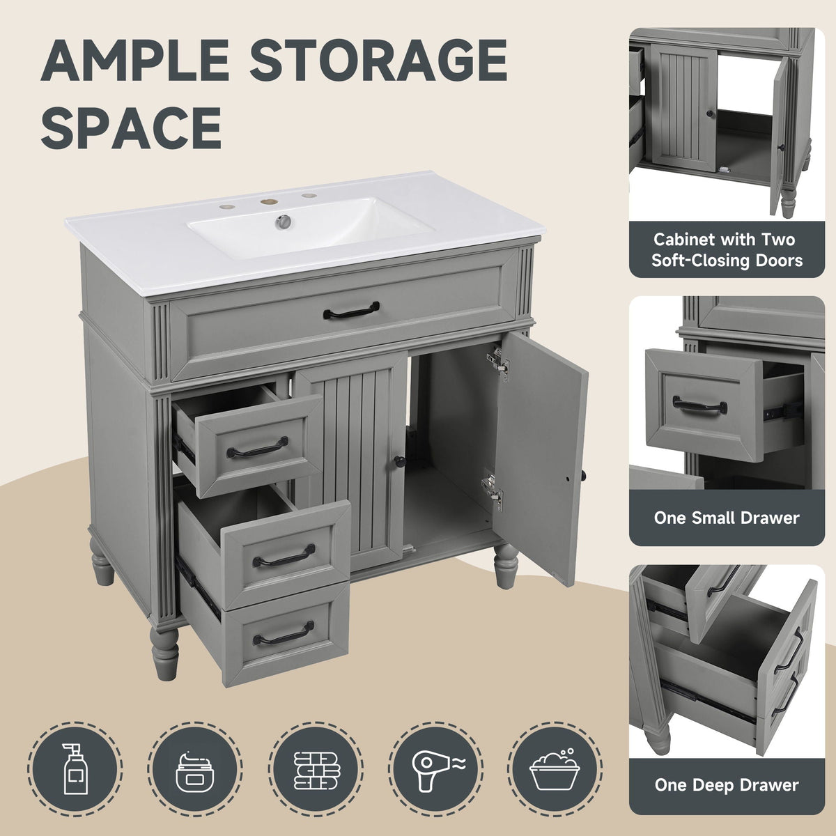 Bathroom Vanity With Sink, Freestanding Cabinet & Drawers