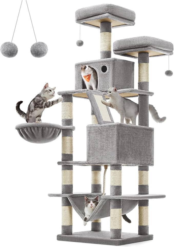 Feandrea Cat Tree, 66.1-Inch Large Cat Tower with 13 Scratching Posts, 2 Perches, 2 Caves, Basket, Hammock, Pompoms, Multi-Level Plush Cat Condo for Indoor Cats, Light Gray UPCT165W01