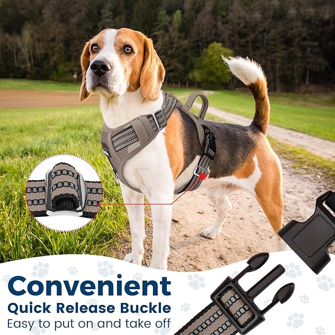 Funfox Dog Harness No Pull, Adjustable Pet Vest Harness, Super Soft Material with Vertical Handle Easy Control, Reflective Night Walking, 2 Leash Clips for Small Sized Dogs, Camo Brown, S
