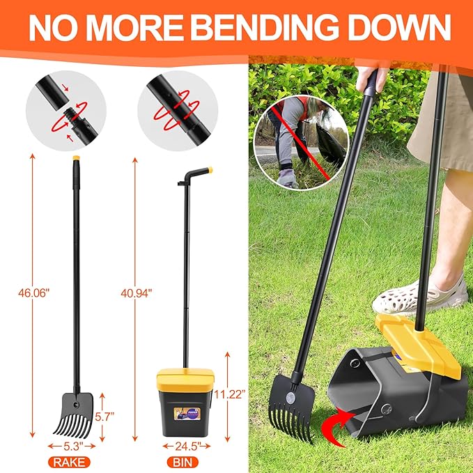LANNEY Pooper Scooper - 46" Long Adjustable Handle Dog Pooper Scooper, Swivel Bin, Rake and 35 Waste Bag, Heavy Duty Poop Scooper for Large Medium Small Yard Dog Pet