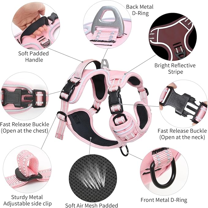 Timos Dog Harness, 3 Snap Buckles No-Pull Soft Padded Dog Vest with 2 Metal Leash Clips, Adjustable Reflective No Choke Pet Harness with Easy Control Handle for Large Dogs,Pale Pink,L