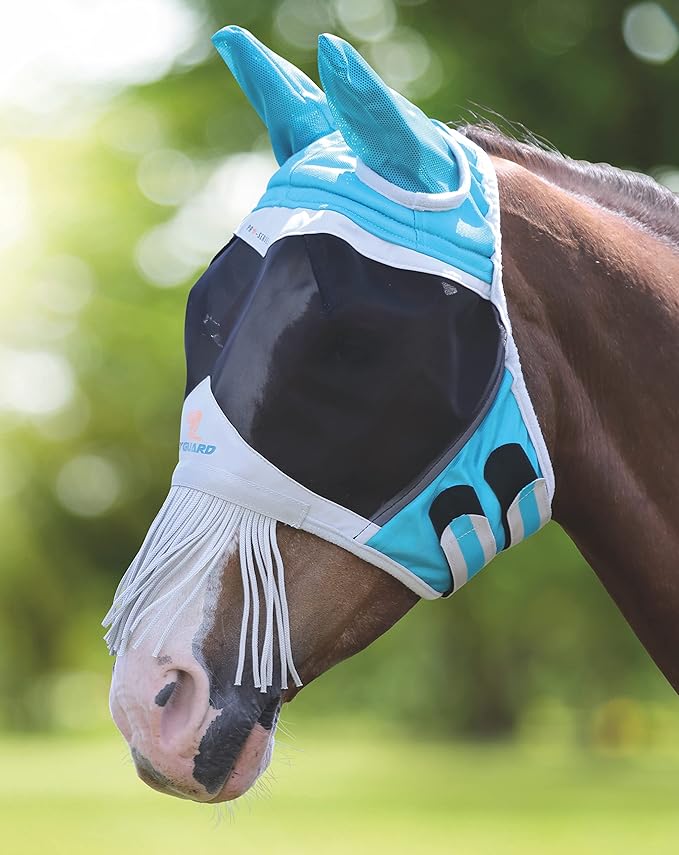 Shires Fine Mesh Horse Equine Fly Mask with & and Nose Fringe 60% UV Protection (Full, Teal)