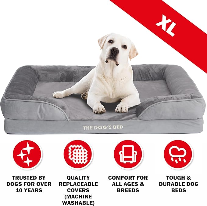 The Dog’s Bed, Orthopedic Standard Foam Waterproof Dog Bed with Standard Support, XL Silver Grey Plush, Waterproof, Supportive Dog Bed with Replaceable Covers, Veterinary Approved