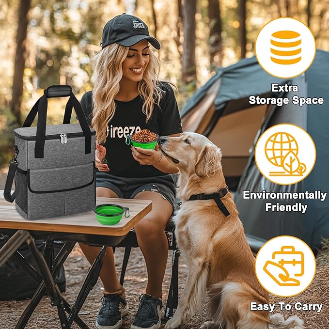 Dog Travel Bag for Camping - Weekend Pet Accessories With 2 Collapsible Bowls, 2 Food Containers, 1 Waterproof Feeding Mat - M, Grey