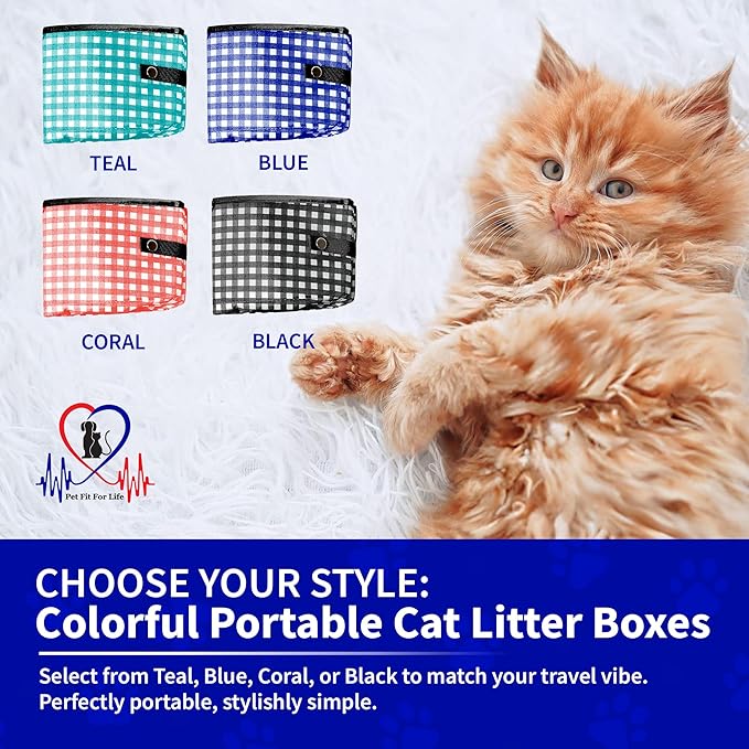 Pet Fit For Life - Vibrant Collapsible Travel Cat Litter Box - Portable, Foldable, Compact Design with Bonus Water Bowl - Ideal for Car & Camping - Reusable, Cats Safe - Teal, (16"x12"x5")