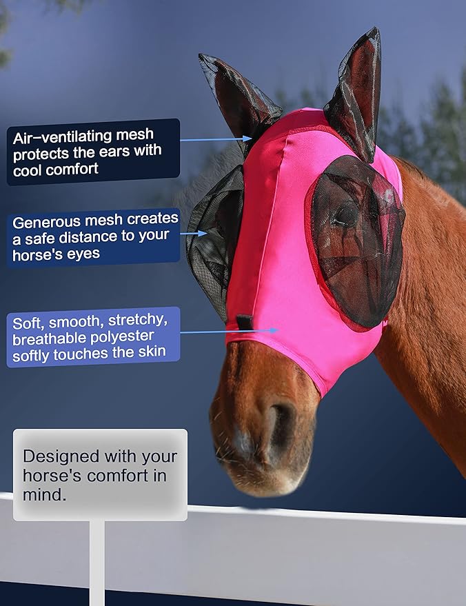 Horse Fly Mask Generous&Fine Mesh Eye Covers and Ears Elasticity Mask Snug Fitting Comfortable Breathable Lightweight Equine Stretchy Protection for Horses Hot Pink Full Size
