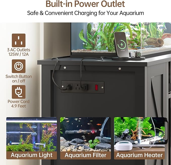 55-75 Gallon Fish Tank Stand with Power Outlet & Adjustable Shelf, Heavy Duty Aquarium Stand with Cabinet Storage for Fish Tank, Turtle Tank, Reptile Terrarium, 1000LBS Capacity, Black