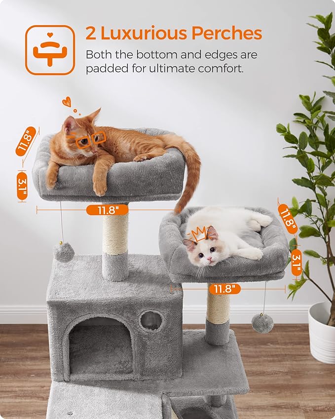 Feandrea Cat Tree, 66.1-Inch Large Cat Tower with 13 Scratching Posts, 2 Perches, 2 Caves, Basket, Hammock, Pompoms, Multi-Level Plush Cat Condo for Indoor Cats, Light Gray UPCT165W01
