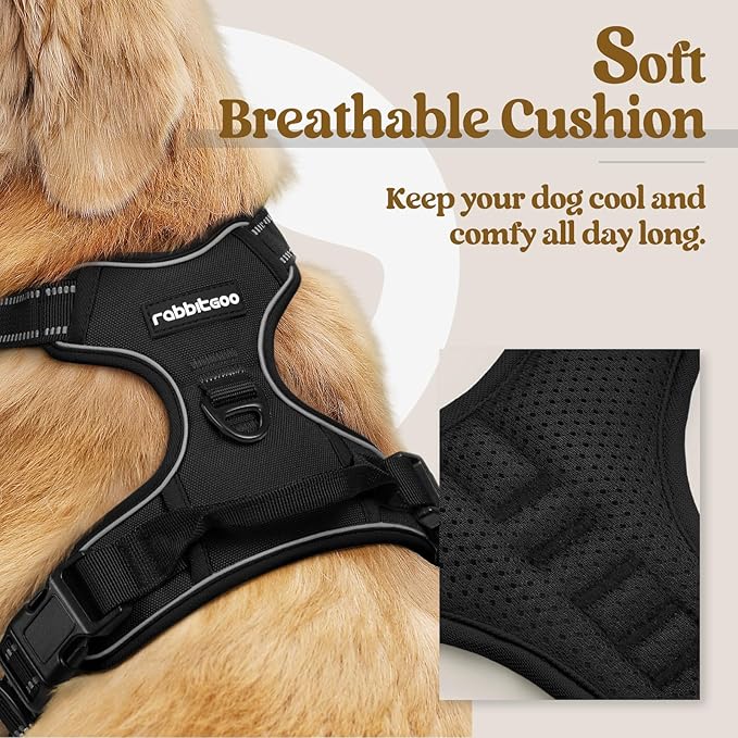rabbitgoo Dog Harness No Pull with 2 Leash Clips, Adjustable Soft Padded, Reflective Oxford No Choke Pet Vest with Easy Control Handle for Large Dogs, Black, XL