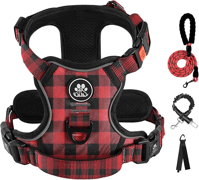 IVY&LANE No Pull Dog Harness with Leash Set, Reflective No Choke Pet Vest,Adjustable Oxford Dog Vest Harness with Easy Control Handle for Medium Lagre Dogs (Checkered Red,M)