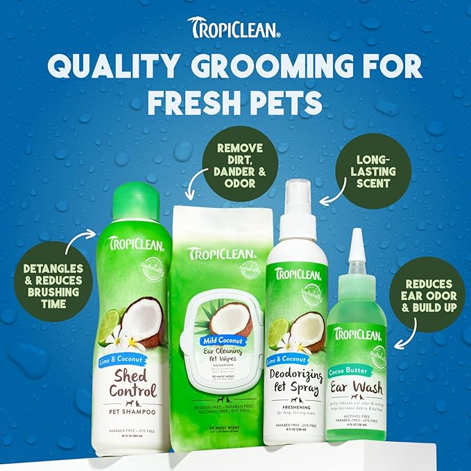 TropiClean Dog Perfume, Long Lasting Lime & Coconut Cologne, Deodorizing Spray for Smelly Dogs, After Bath Detangling Spray with Vitamin E, Safe for Cats, 8oz.