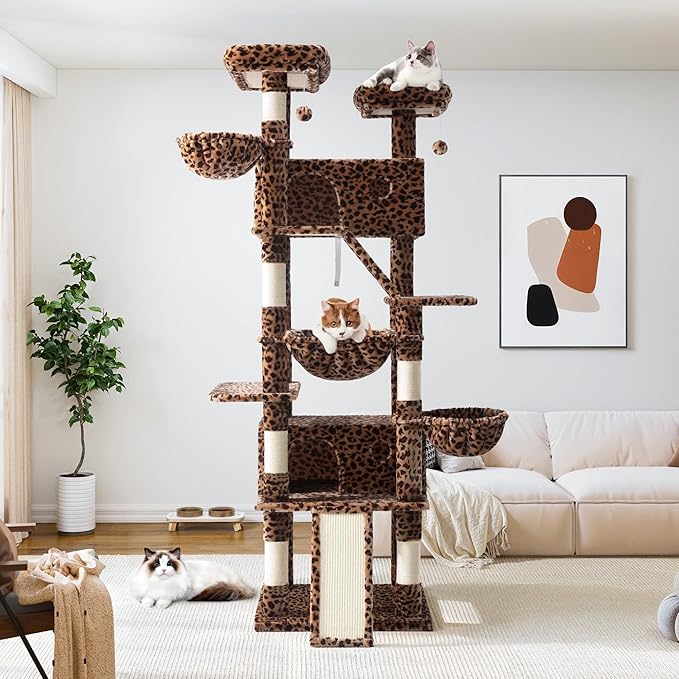 Allewie 81 Inches Tall Cat Tree/Multi-Level Large Climbing Tree House and Towers for Big Feline/Condo and Hammock/Scratching Post/Wide Base/Leopard Print