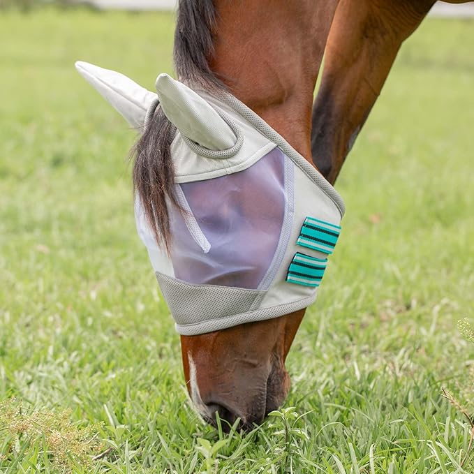 Equinavia Algard Soft Mesh Horse Fly Mask with Ear Protection and 45 UPF Rating | No Eye Irritation & UV Protection - Silver/Turquoise - Warmblood