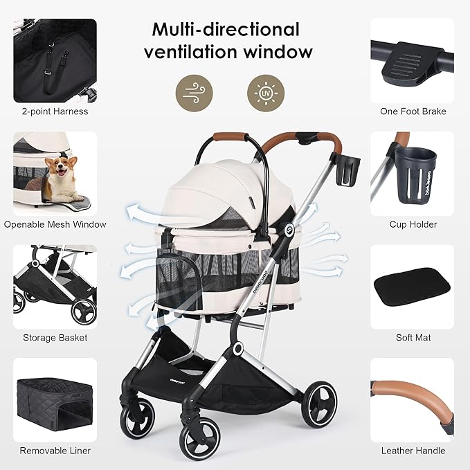 T3 Pro 3-in-1 Small Pet Stroller for Dog & Cats, 4 Wheels with Detachable Carrier with Pad, Canopy and Cup Holder, Beige & Net Wall