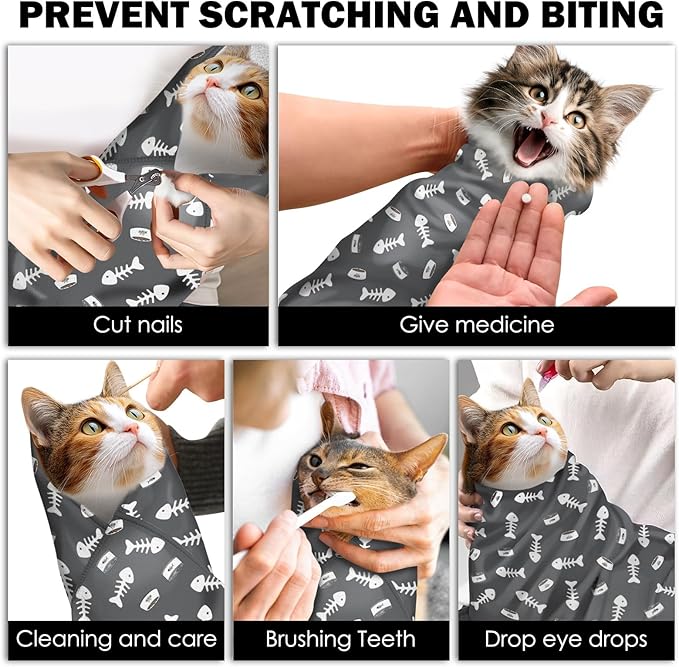 27.6" Cat Grooming Wrap, Self Adhesive Cat Wrap for Cutting Nails, Anti-Escape Calming Cat Swaddle Wrap for Medicine Ear Cleaning, Anti-Scratch Cats Burrito Restraint Blanket, Practical Pet Tool Grey