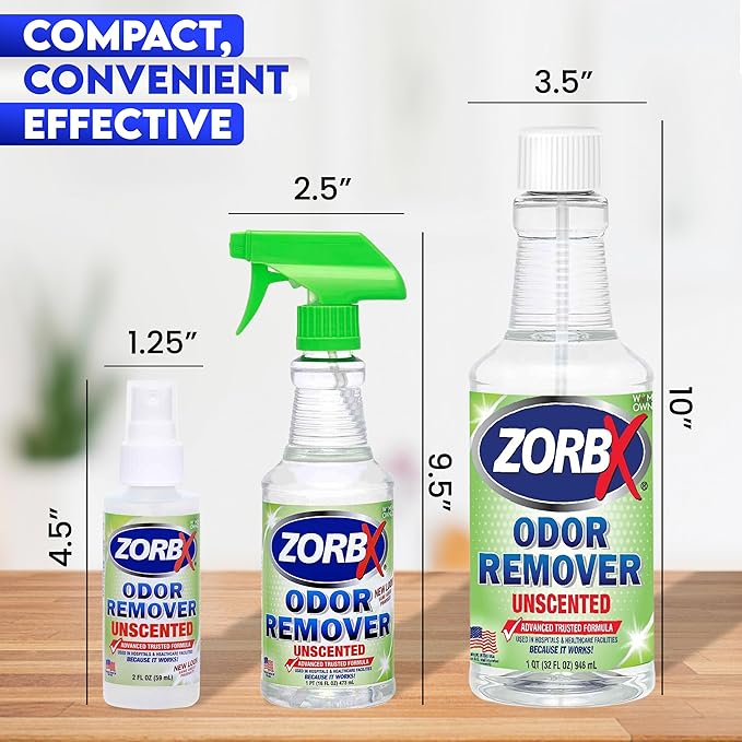 ZORBX Unscented Multipurpose Odor Eliminator Value Pack 2 Oz + 16 Oz + 32 Oz - Used in Hospitals & Healthcare Facilities - Advanced Trusted Formula - Perfect Bundle to Get Rid of Unpleasant Odors