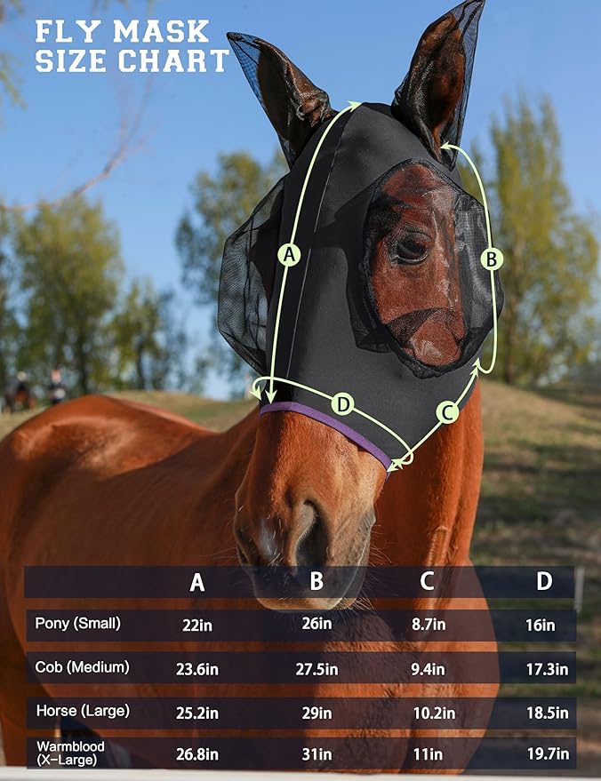 Horse Fly Mask with Ears, UV Protection for Horses, Elasticity with Big Mesh Eye Covers, Snug Fitting Comfortable Breathable Lightweight for Horses Black Cob
