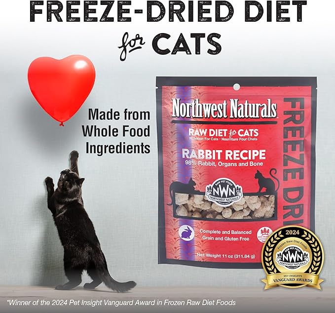 Northwest Naturals Freeze-Dried Rabbit Cat & Kitten Food – Bite-Sized Nibbles – Healthy, Limited, Human-Grade Ingredients, All-Natural, High-Protein Raw Diet – Complete & Balanced, Grain-Free – 11 oz