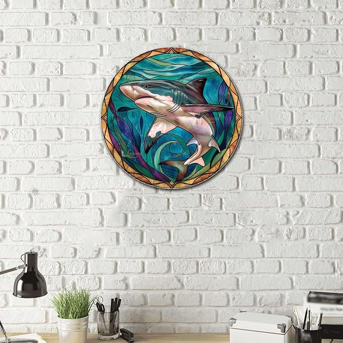 Lygond Metal Shark Garage Sign - Stained Glass, 88 Inches