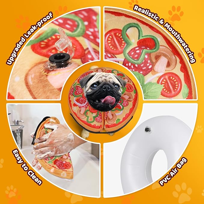 Grand Line Pizza Inflatable Collar for Dog and Cat, Soft Protective Recovery Cone After Surgery, Blow up Pet Donut Collar Cone, E-Collar Alternative Does not Block Vision (Cartoon, Medium)