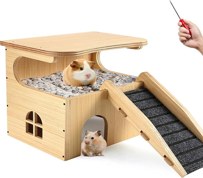Upgraded Thickened Board Wooden Guinea Pig Castle Hideout - Spacious & Long-Lasting Small Pet Mansion with Stairs & Mat for Guinea Pigs, Chinchillas, Rats, Hamsters, and Bunnies
