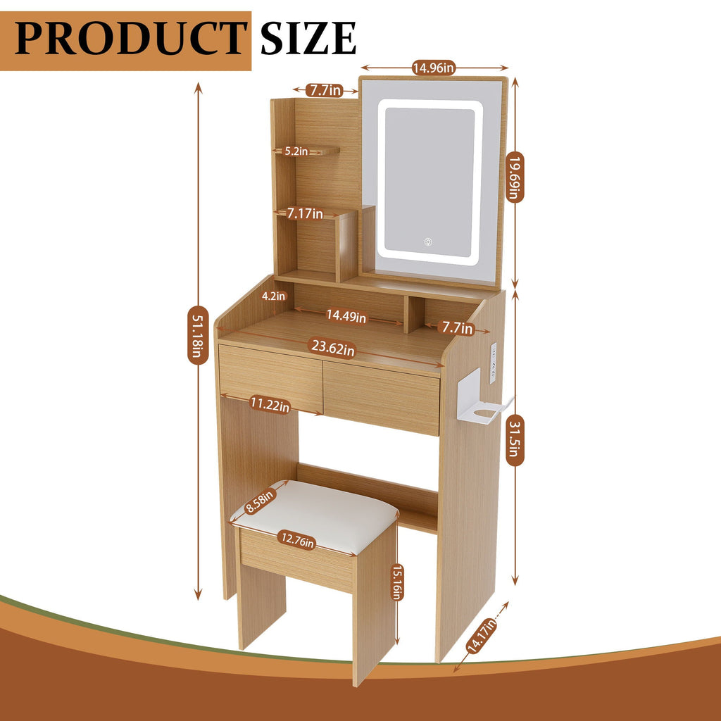 Vanity Table With LED Mirror, Power Outlet, Hairdryer Holder & Padded Stool