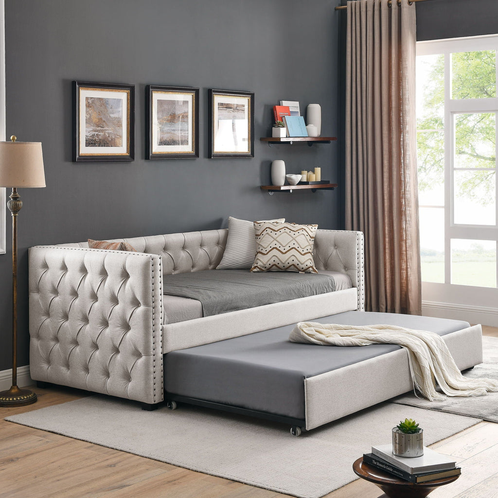 Inspired Upholstered Daybed With Trundle, Button Tufted