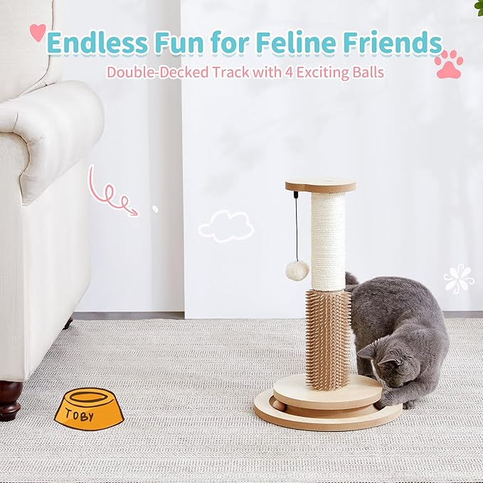 Made4Pets Cat Scratching Post 18" Tall for Small Kittens, 4-in-1 Cat Scratcher with Natural Sisal Ropes, Wooden Turntable Track Toy with Self Grooming Brush, Premium Scratch Pole with Plush Balls