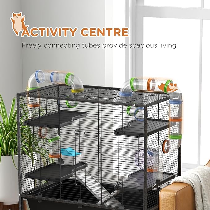PawHut 32" Large Hamster Cage with Storage Shelf, Rat Cage for Syrian Hamster, Gerbils, with Tubes, Running Wheel, Food Dish, Water Bottle