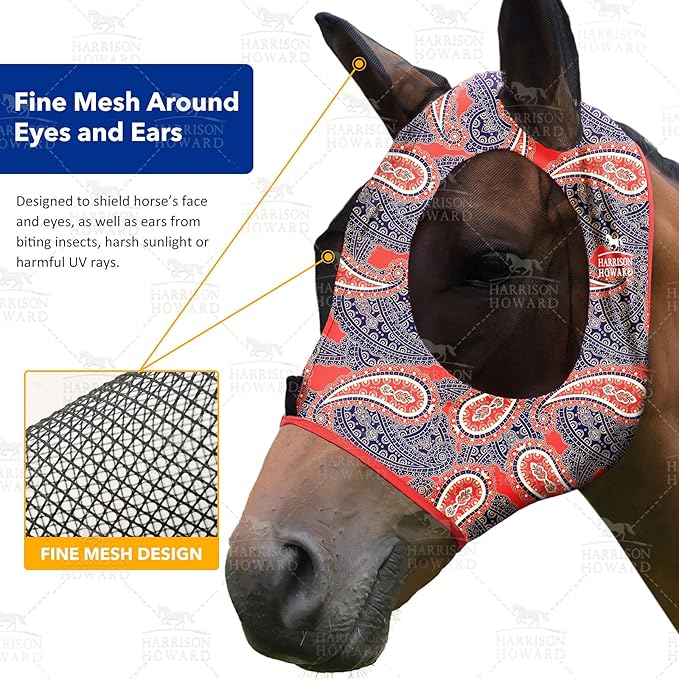 Harrison Howard Super Comfort Stretchy Fly Mask Large Eye Space with UV Protection Soft on Skin with Breathability Orange Paisley M Cob