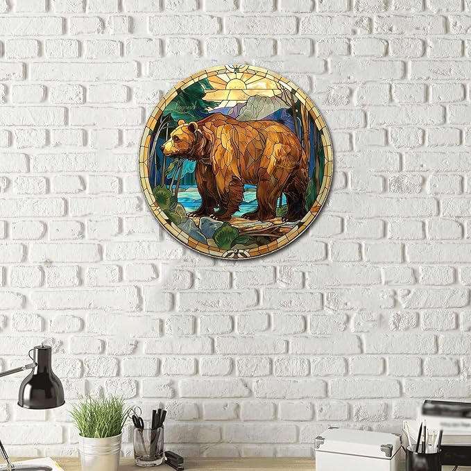 Lygond Metal Sign Tin Sign Circular Stained Glass Bear Home Decor for Patio 12×12 Inches