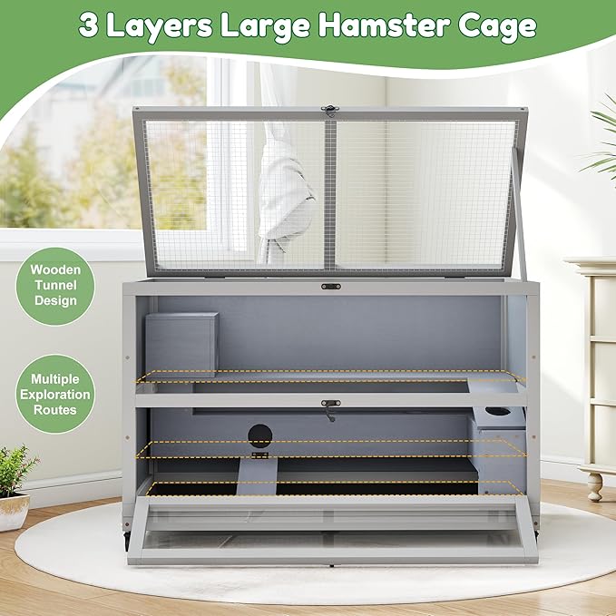 Coziwow Hamster Cage 35.4'' with Removable Ramps & Tray, Small Animals Hutch with Wheels & 2 Openable Doors, 3-Tier Wooden Cage for Dwarf Syrian Hamster, Mice, Rat, Rabbit