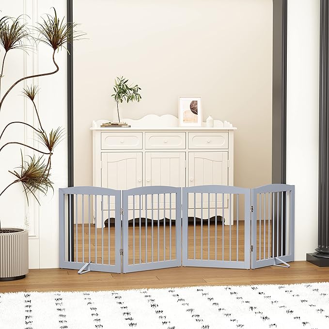 Freestanding Pet Gate - Foldable Wooden Dog Gate for House, Indoor, 80 Inch Wide, 4 Panels 24", Grey