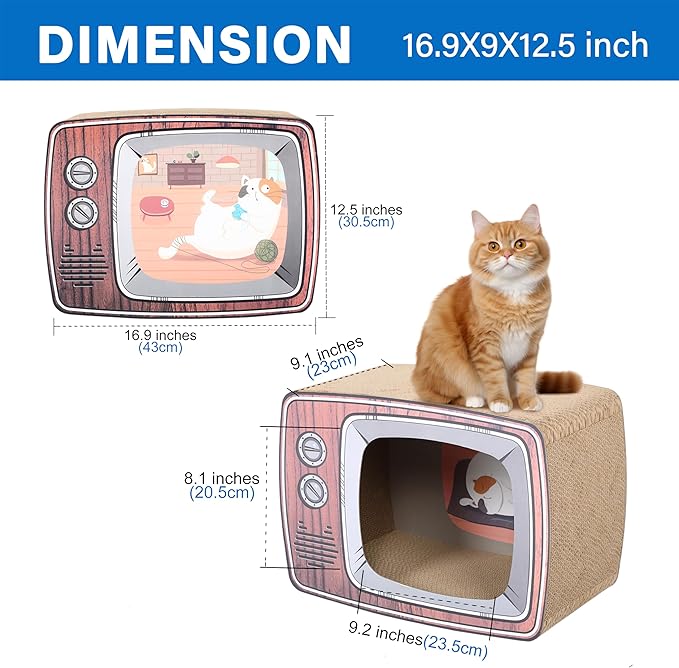 TV Cat Scraper - Durable Cat Leisure Bed - Indoor Scraper and Play House - Corrugated Toy Cat Birthday - 16.9L*12.5W*9H