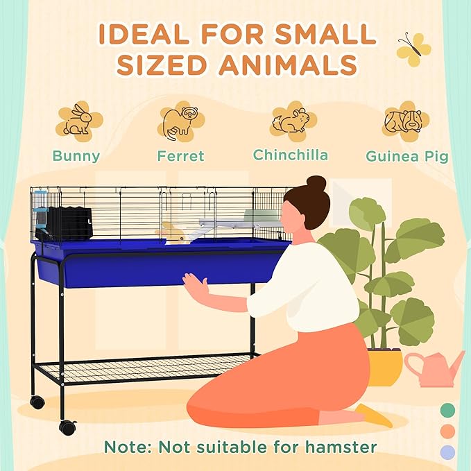 PawHut Two-Story Small Animal Cage Removable from Stand, Guinea Pig Cage with Shelf & Wheels, Pet Habitat for Hedgehog, Chinchilla, Ferret, 39" x 20.5" x 36.5", Blue