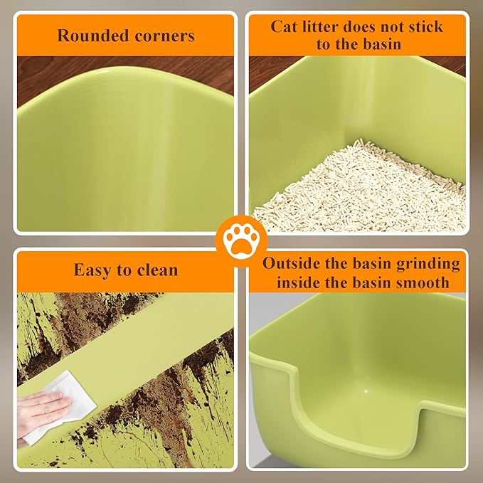 Large Cat Litter Box with High Sides, Open Kitty Litter Boxes Anti-Splashing for Indoor Cat Low Entry Cat Litter Pan for Small and Elderly Cats, Tool-Free Assembly(19.7” * 15.76” * 8.67” Green)